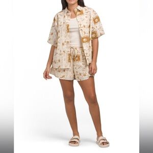 Beige and Brown Patterned Shirt and Shorts Set